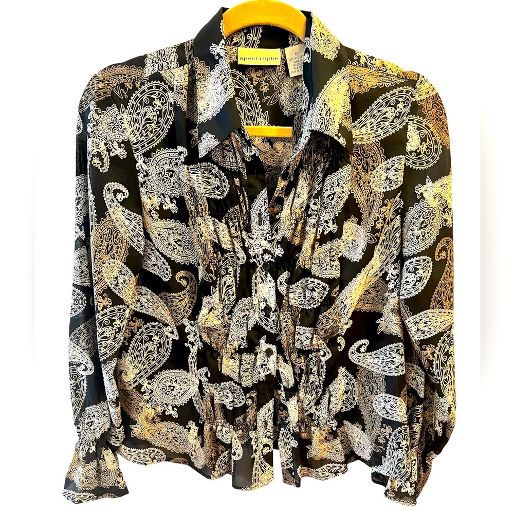 Apostrophe Paisley Design with Cream/Tan on Black Background Blouse.  Size = 10.